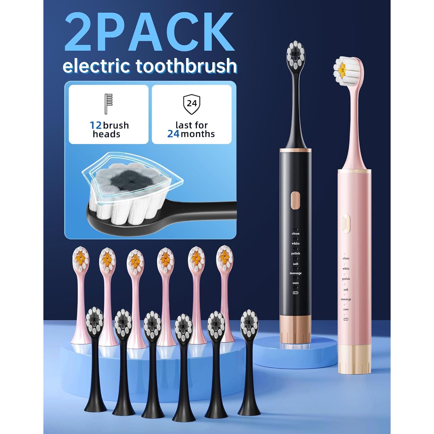 Cepillo de Dientes Eléctrico Aneebart Negro y Rosa - Pack 2, 12 Cabezales, 6 Modos
