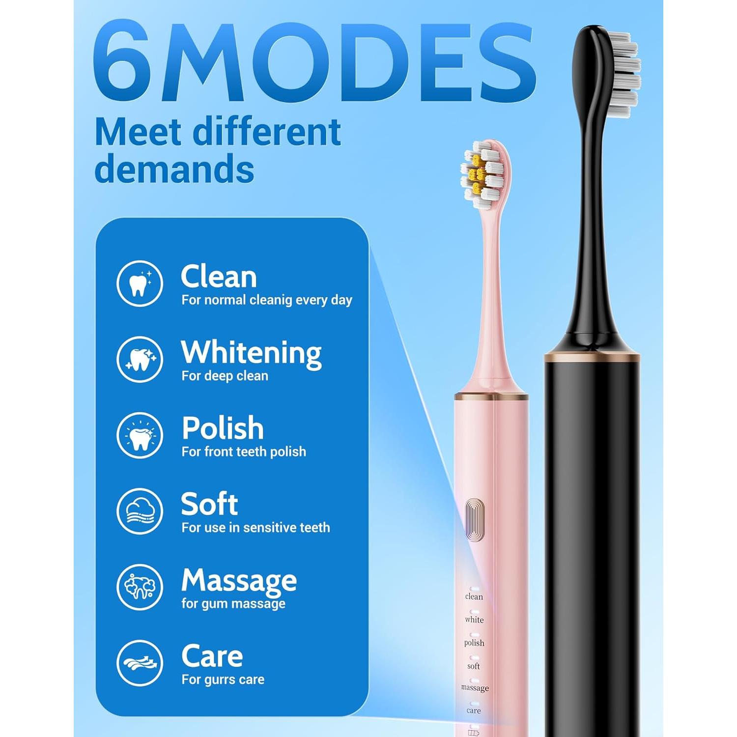 Cepillo de Dientes Eléctrico Aneebart Negro y Rosa - Pack 2, 12 Cabezales, 6 Modos