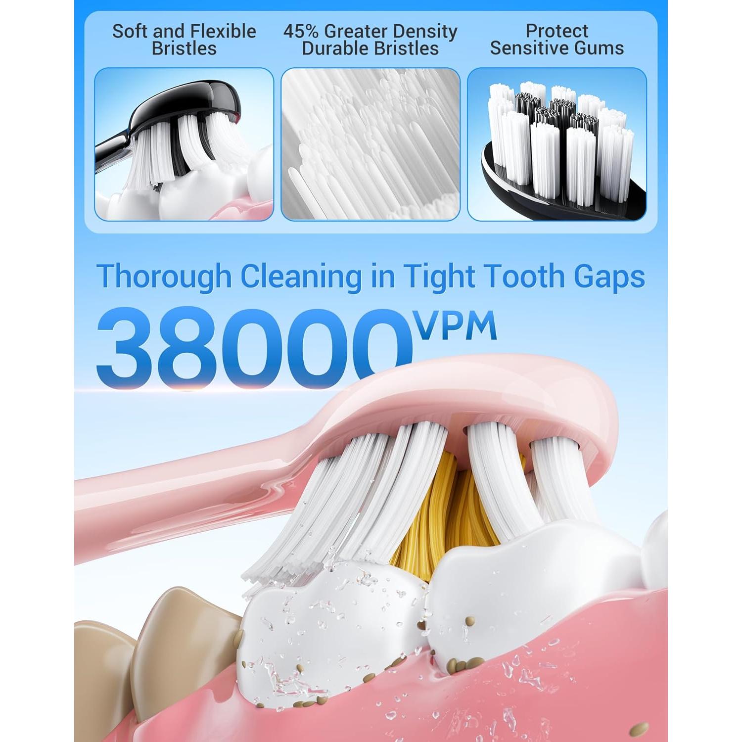 Cepillo de Dientes Eléctrico Aneebart Negro y Rosa - Pack 2, 12 Cabezales, 6 Modos