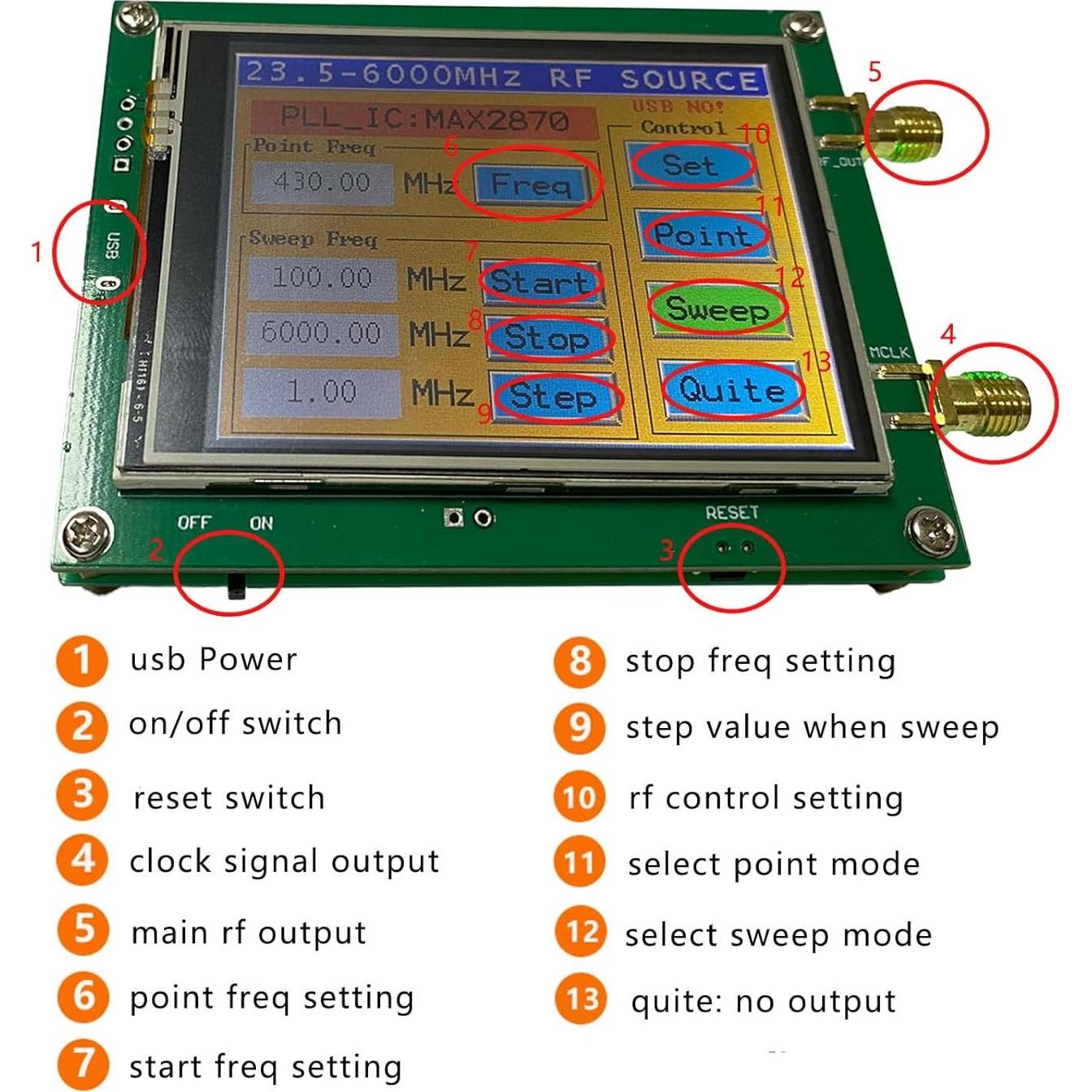 Generador de Señal RF Iwatson MAX2870 23.5-6000MHz Pantalla Táctil