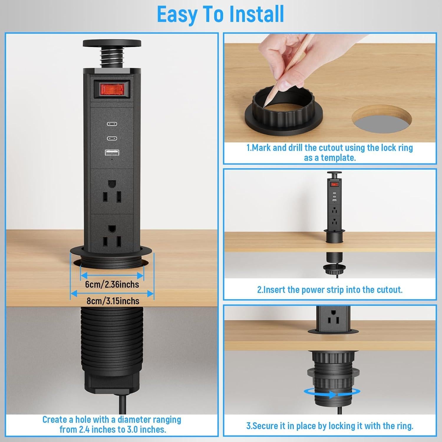 Outlet Emergente Sussex con 3 Salidas AC y 3 Puertos USB