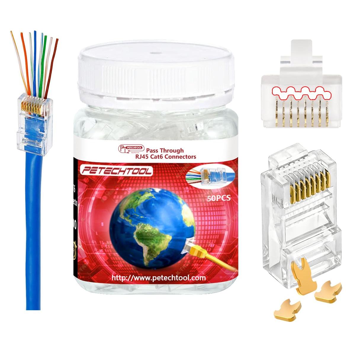 Conectores RJ45 Cat6a Passthrough 50 Paquetes Baño de Oro