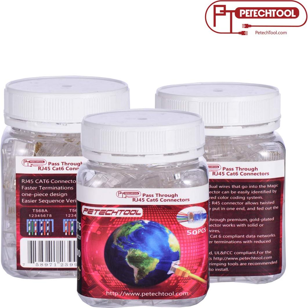 Conectores RJ45 Cat6a Passthrough 50 Paquetes Baño de Oro