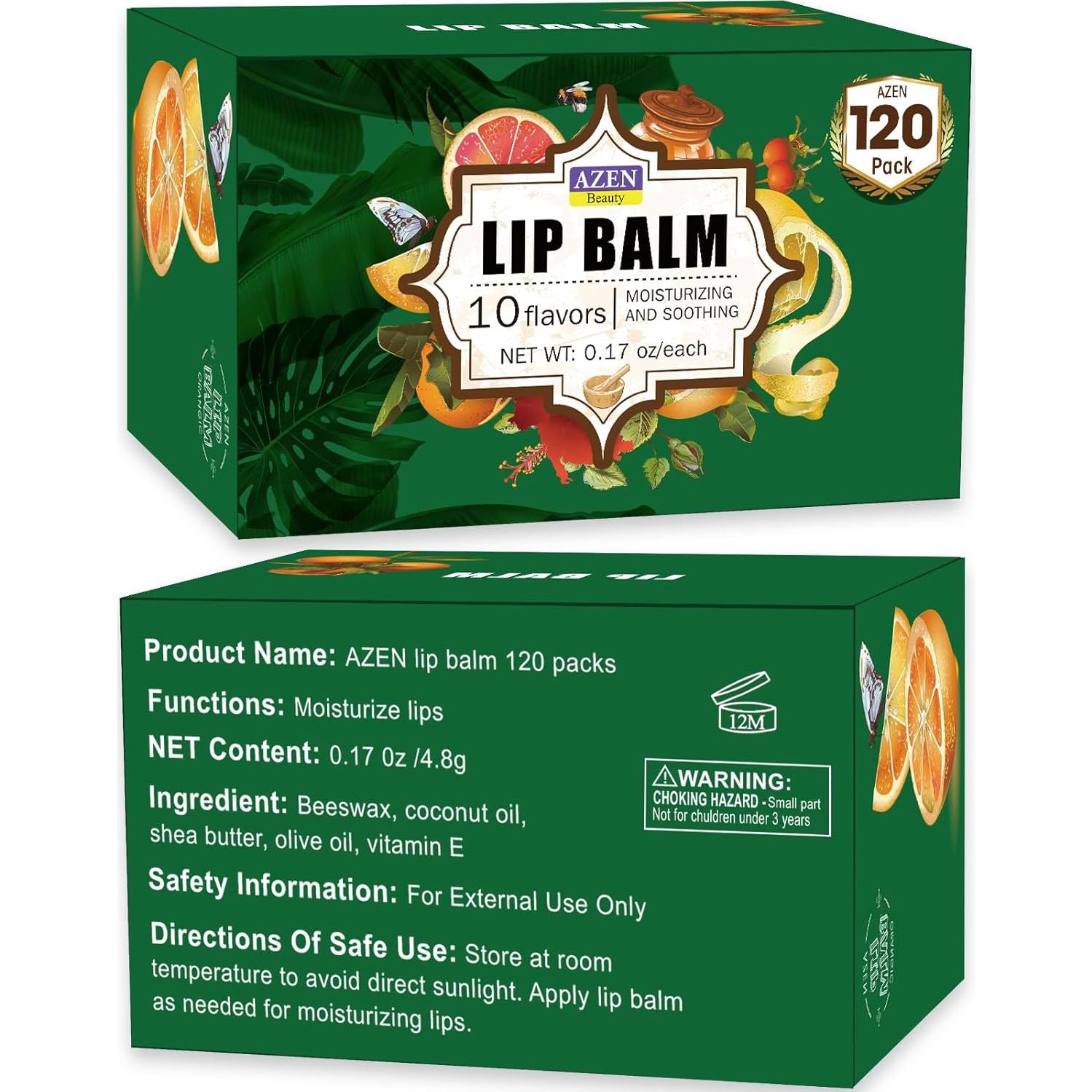 Bálsamo Labial Natural AZEN 120 Piezas 10 Sabores Hidratante