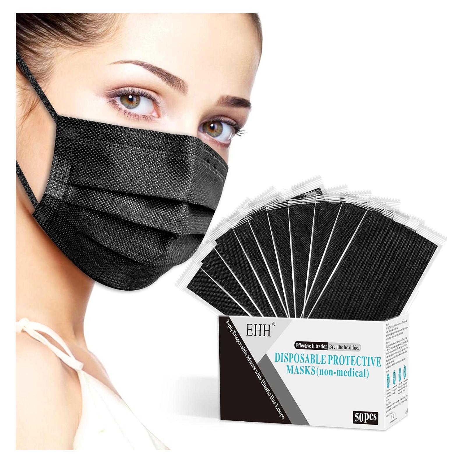 Mascarillas Desechables Negras EHH 50 Pcs 3 Capas Ajustables