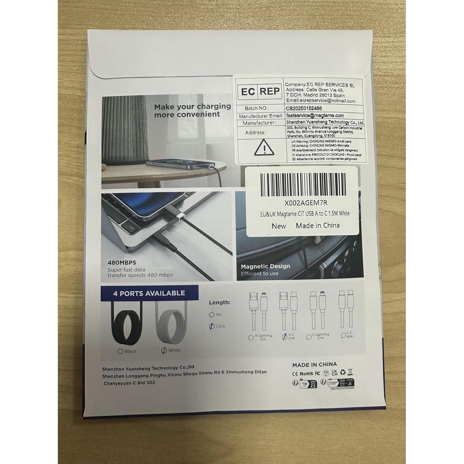 Cable USB A a USB C Magnético 1.52M Magtame Carga Rápida 3A