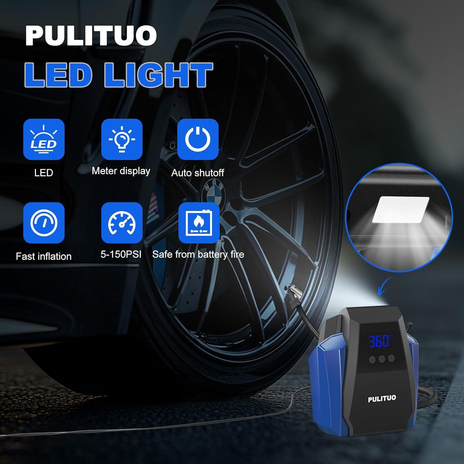 Compresor de Aire Portátil PULITUO 12V con Manómetro Digital