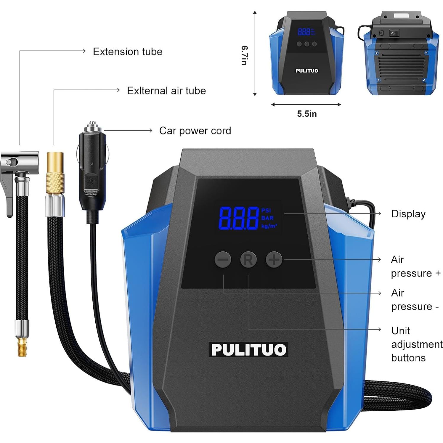 Compresor de Aire Portátil PULITUO 12V con Manómetro Digital