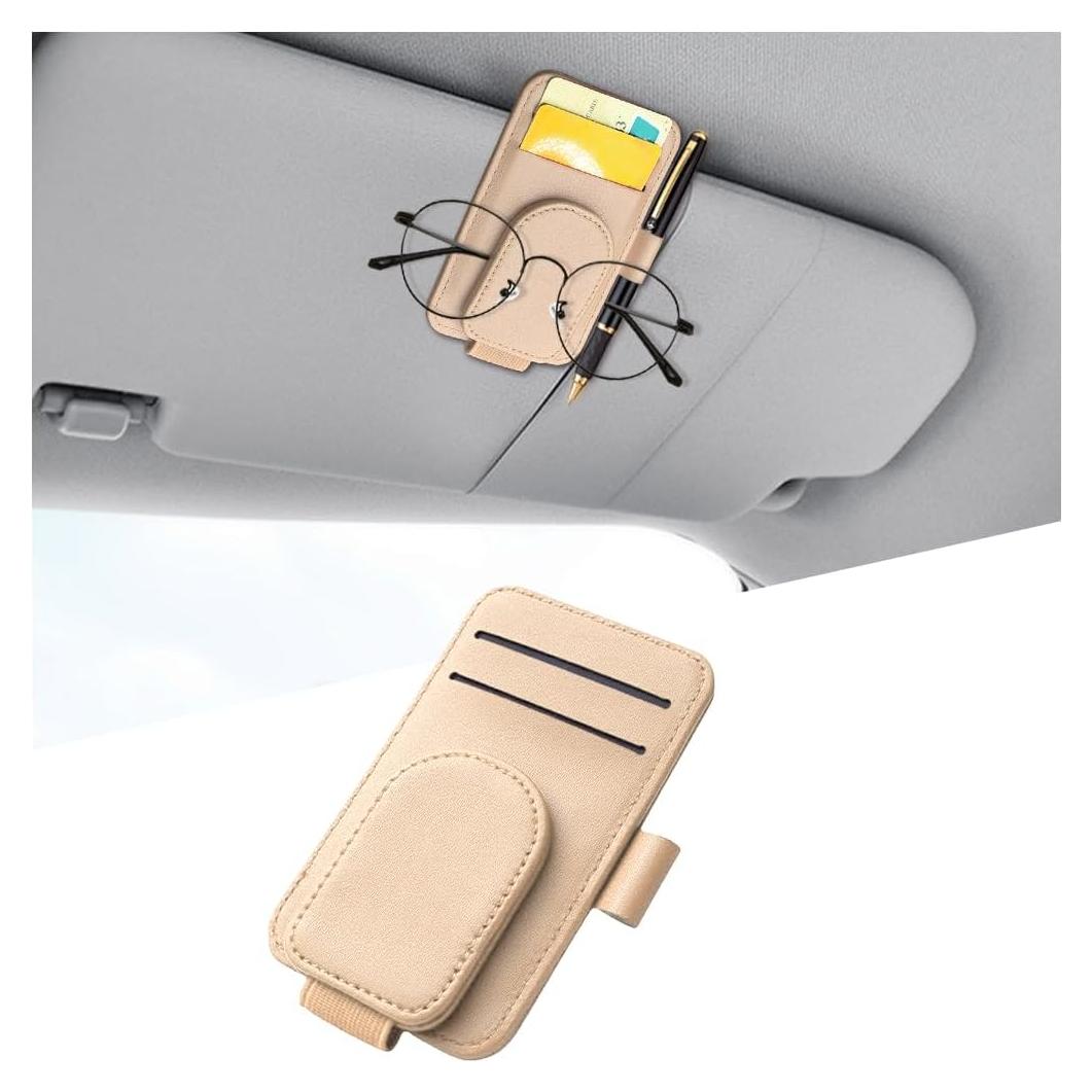 Organizador de Visera de Coche KHGUZ - Soporte Magnético de Cuero Almendra