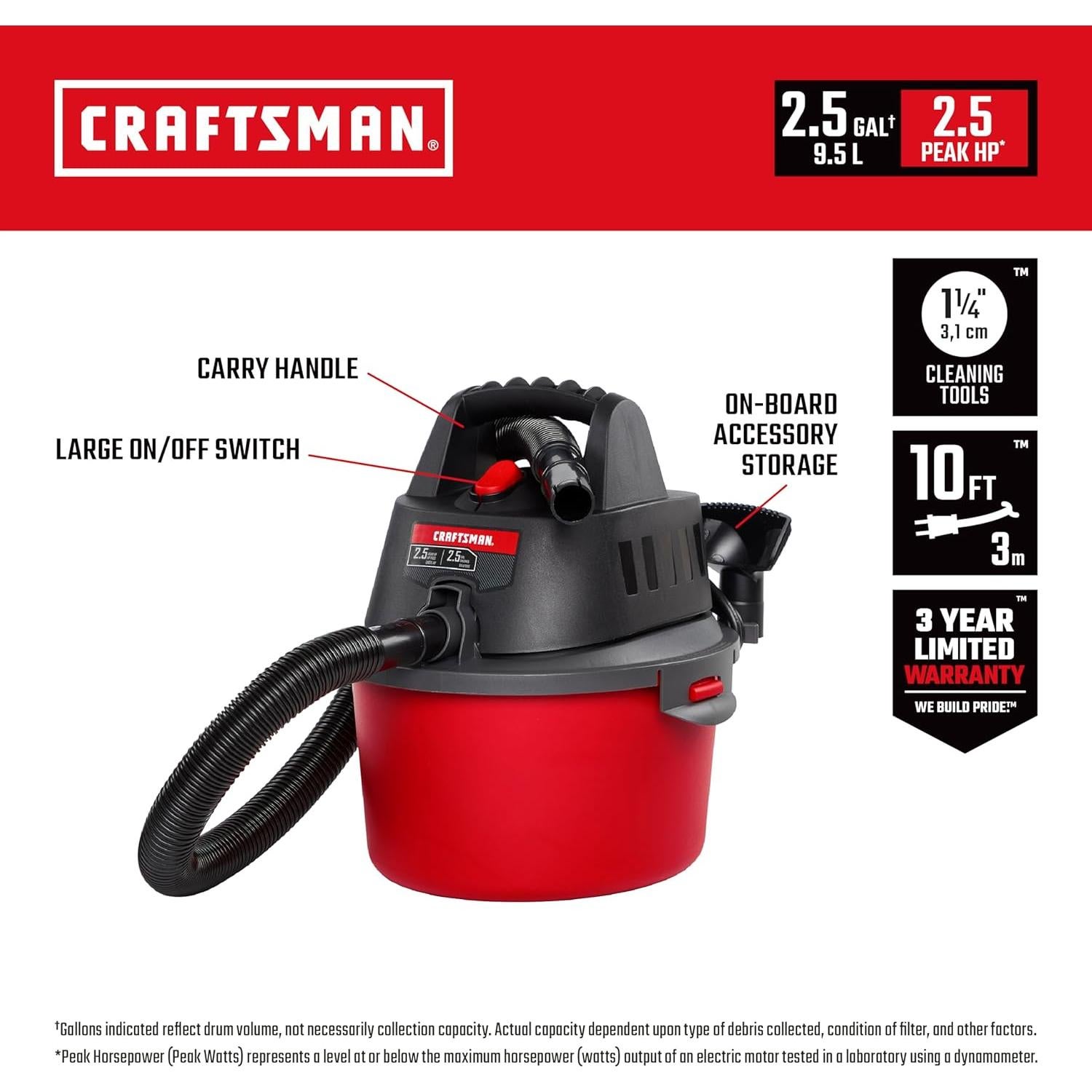 Aspiradora Húmeda y Seca CRAFTSMAN 9.5L 2.5 HP Portátil