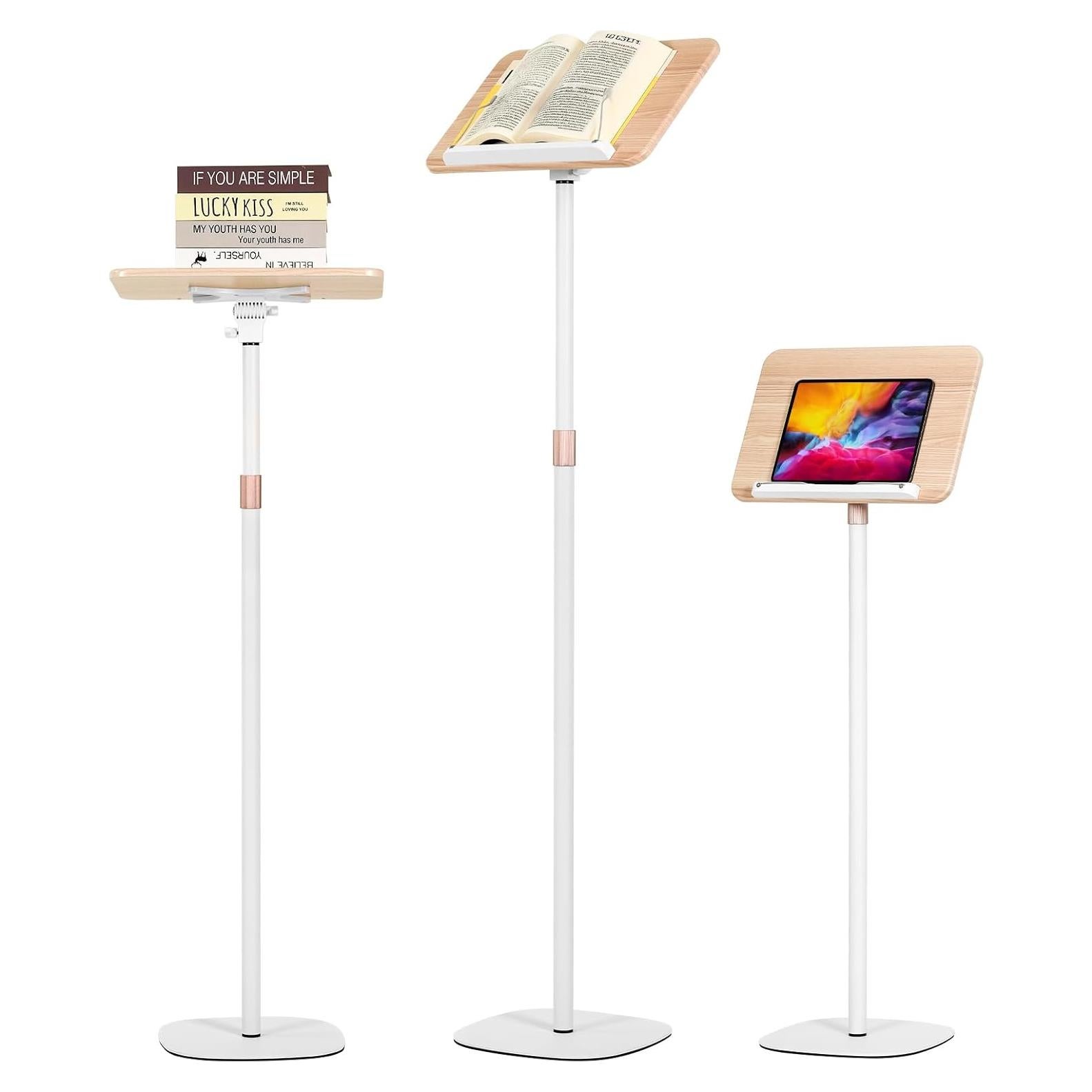 Standing Reading Stand, Adjustable Book Stand Height(9'to27.5') and Angle, Music Stand,for Laptops, Tablet Bibles, Recipes, Cooking, Books Wooden Display Rack,Stable Portable with Clip