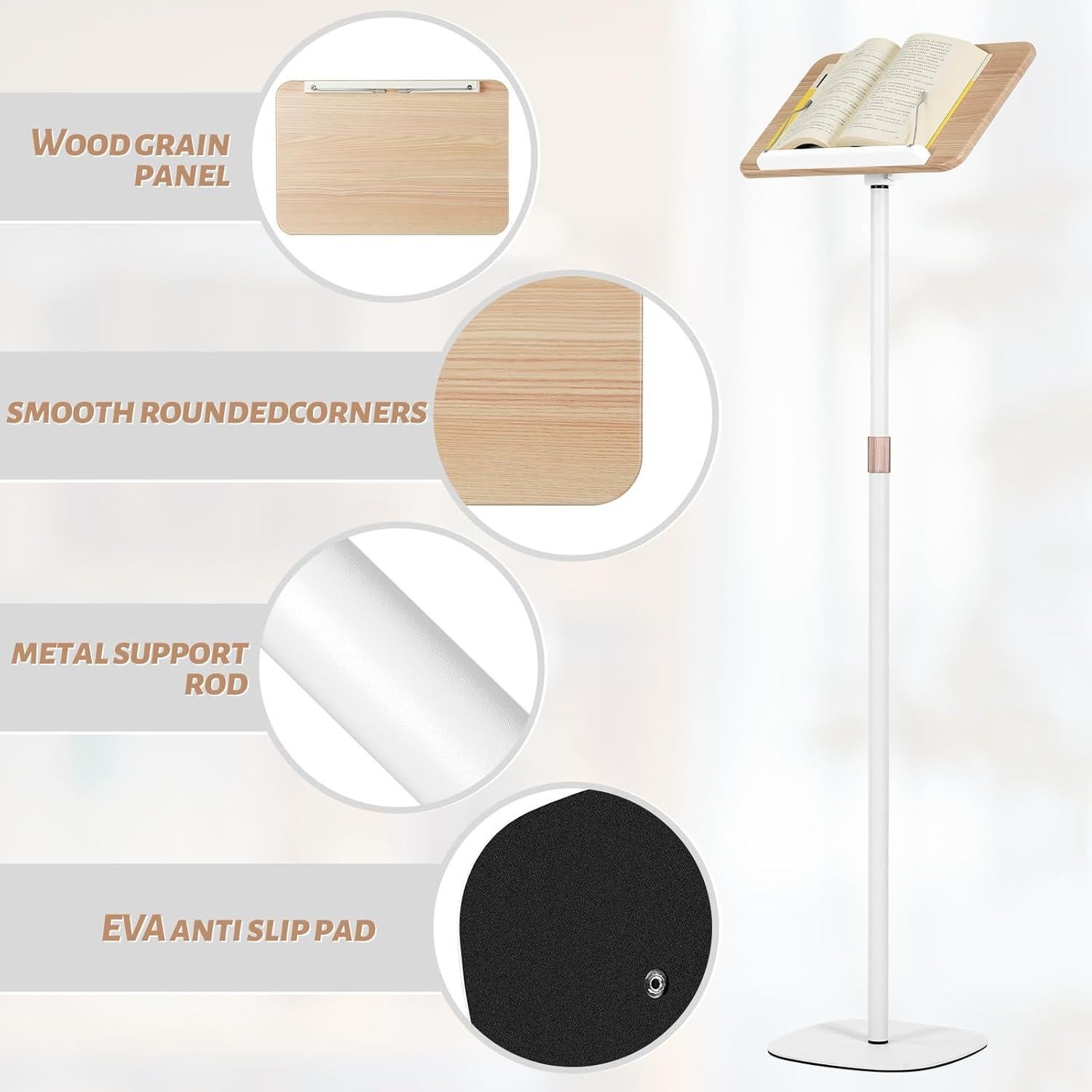 Standing Reading Stand, Adjustable Book Stand Height(9'to27.5') and Angle, Music Stand,for Laptops, Tablet Bibles, Recipes, Cooking, Books Wooden Display Rack,Stable Portable with Clip