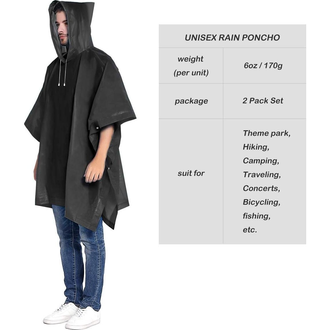 Poncho de Lluvia Reutilizable ANTVEE Unisex Negro 128.5x100 cm