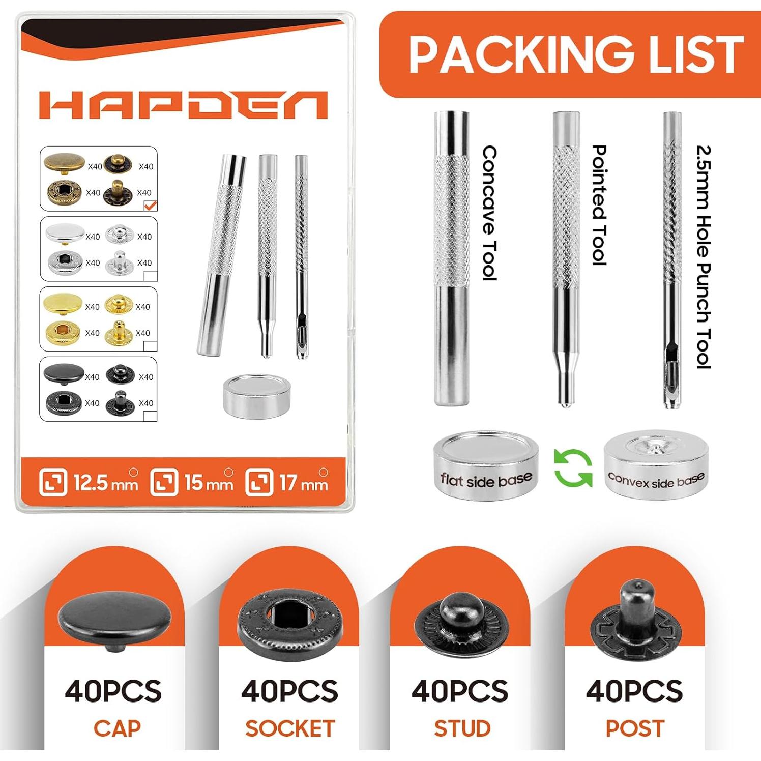 Kit de Broches de Cuero HAPDEN 12.5mm 40 Conjuntos Metal