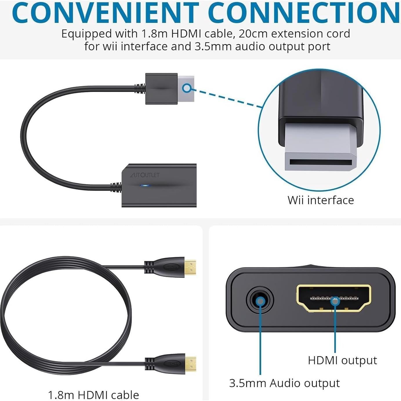 Convertidor de Wii a HDMI AUTOUTLET 1080P con cable 1.83m