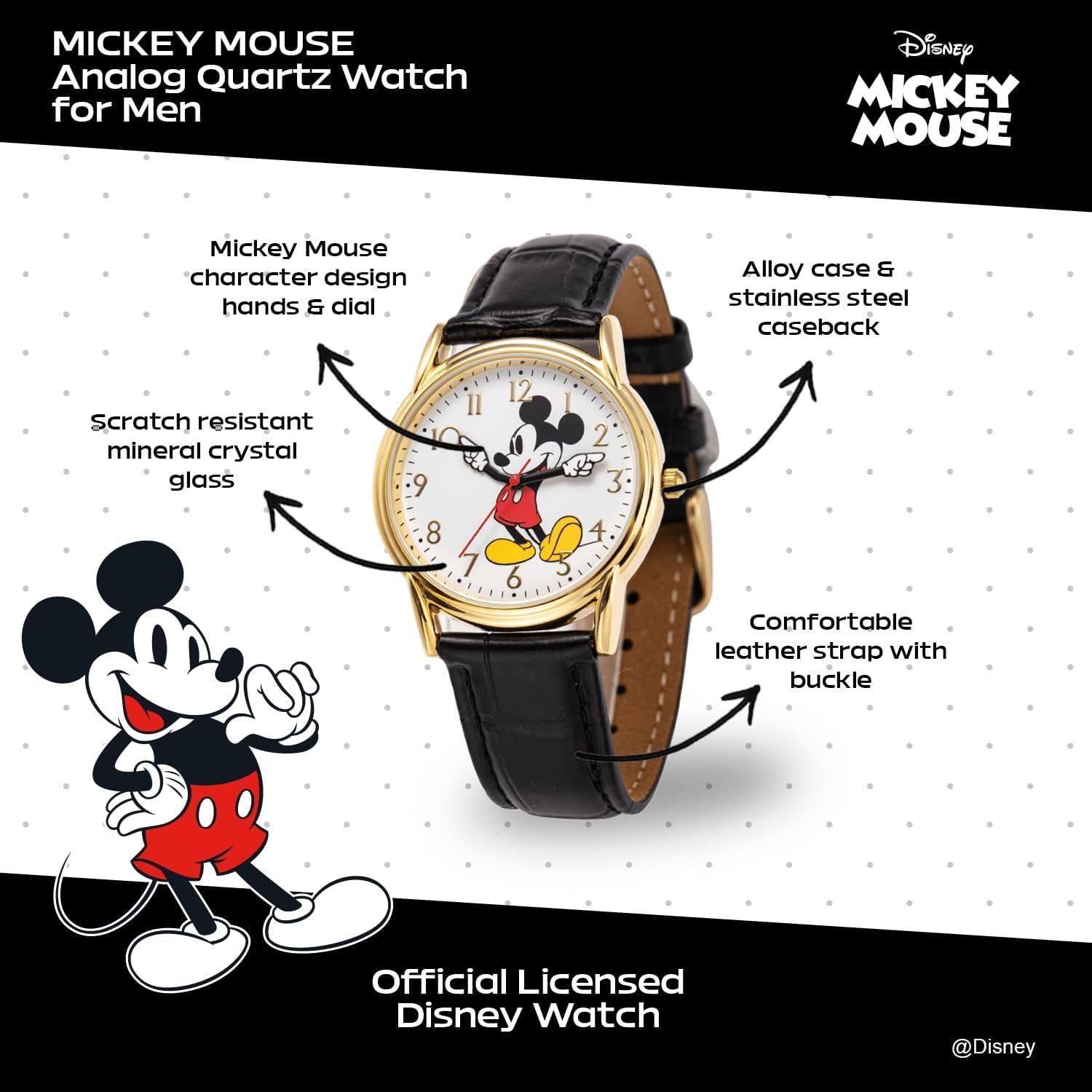 Reloj de Hombre Disney Mickey Vintage - Caja Dorada, Correa Cuero