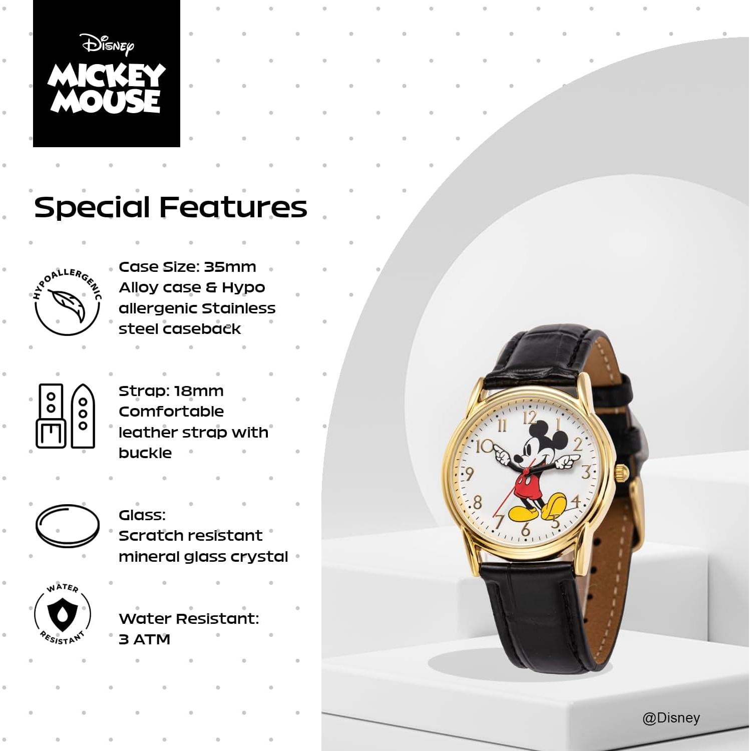 Reloj de Hombre Disney Mickey Vintage - Caja Dorada, Correa Cuero