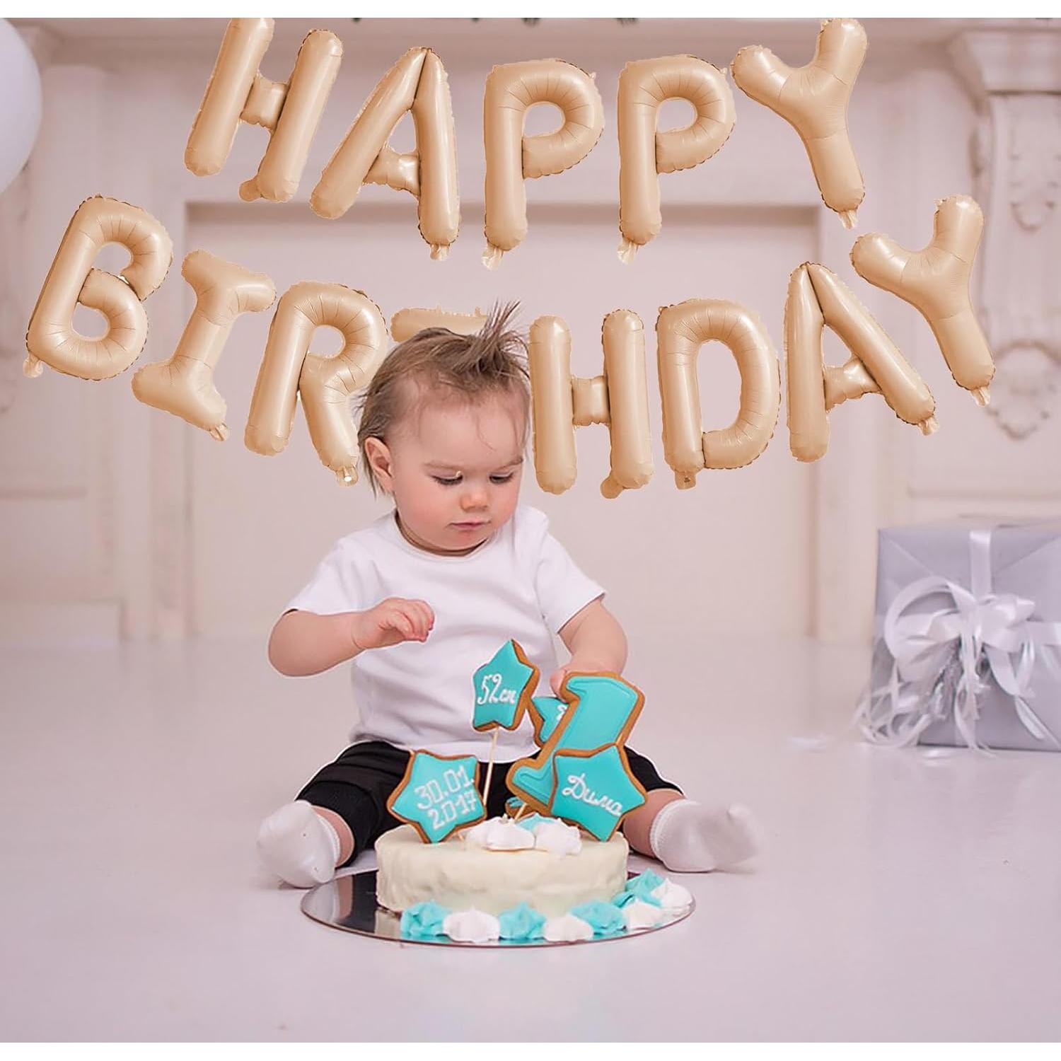 Beige Happy Birthday Balloons Banner,16 Inch Mylar Foil Letters Sign,Reusable Balloons for Women, Men, Boys & Girls Birthday Decorations Party Supplies