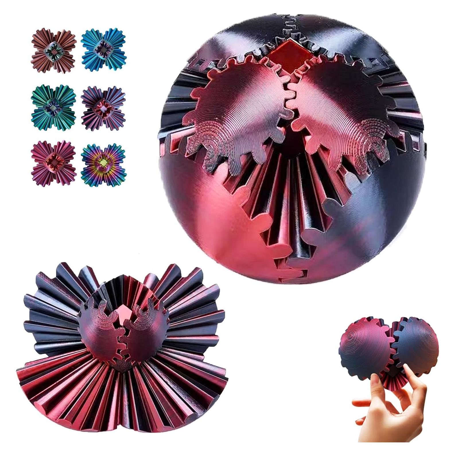 GearSphere Fidget Toy, 3D Printed Gear Ball Spin Ball Cube Desk Toy, Gear Sphere Cube Puzzle for Adults Kids, Sensory Fidget Toys Stress and Anxiety Relaxing (Black-red)
