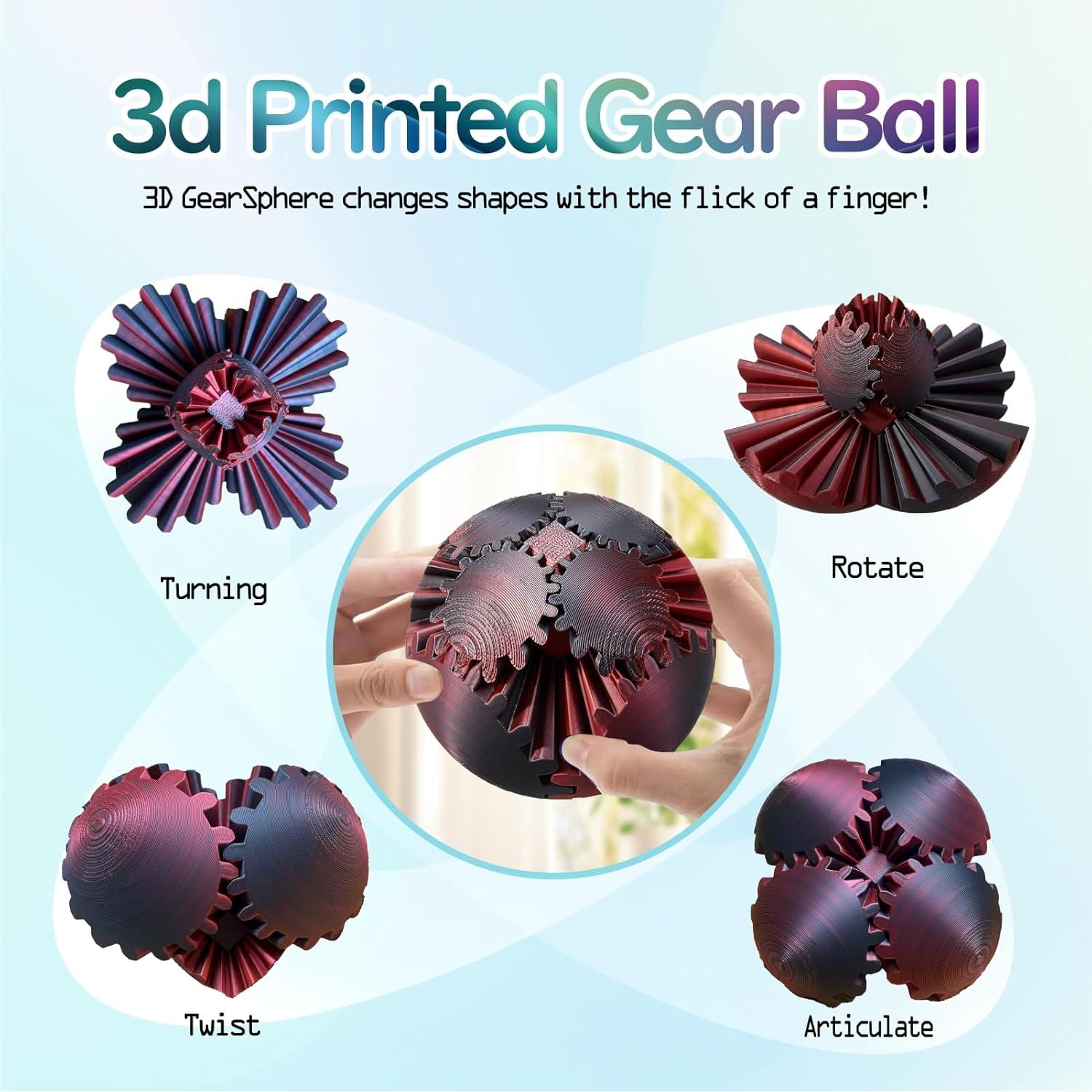GearSphere Fidget Toy, 3D Printed Gear Ball Spin Ball Cube Desk Toy, Gear Sphere Cube Puzzle for Adults Kids, Sensory Fidget Toys Stress and Anxiety Relaxing (Black-red)