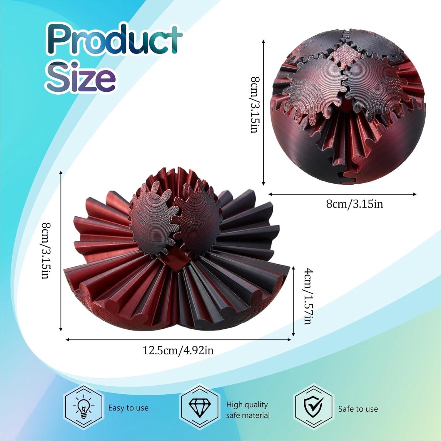 GearSphere Fidget Toy, 3D Printed Gear Ball Spin Ball Cube Desk Toy, Gear Sphere Cube Puzzle for Adults Kids, Sensory Fidget Toys Stress and Anxiety Relaxing (Black-red)