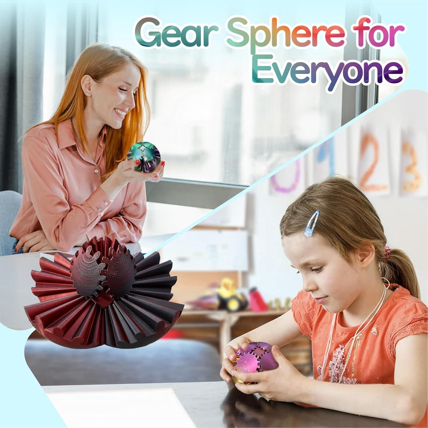 GearSphere Fidget Toy, 3D Printed Gear Ball Spin Ball Cube Desk Toy, Gear Sphere Cube Puzzle for Adults Kids, Sensory Fidget Toys Stress and Anxiety Relaxing (Black-red)
