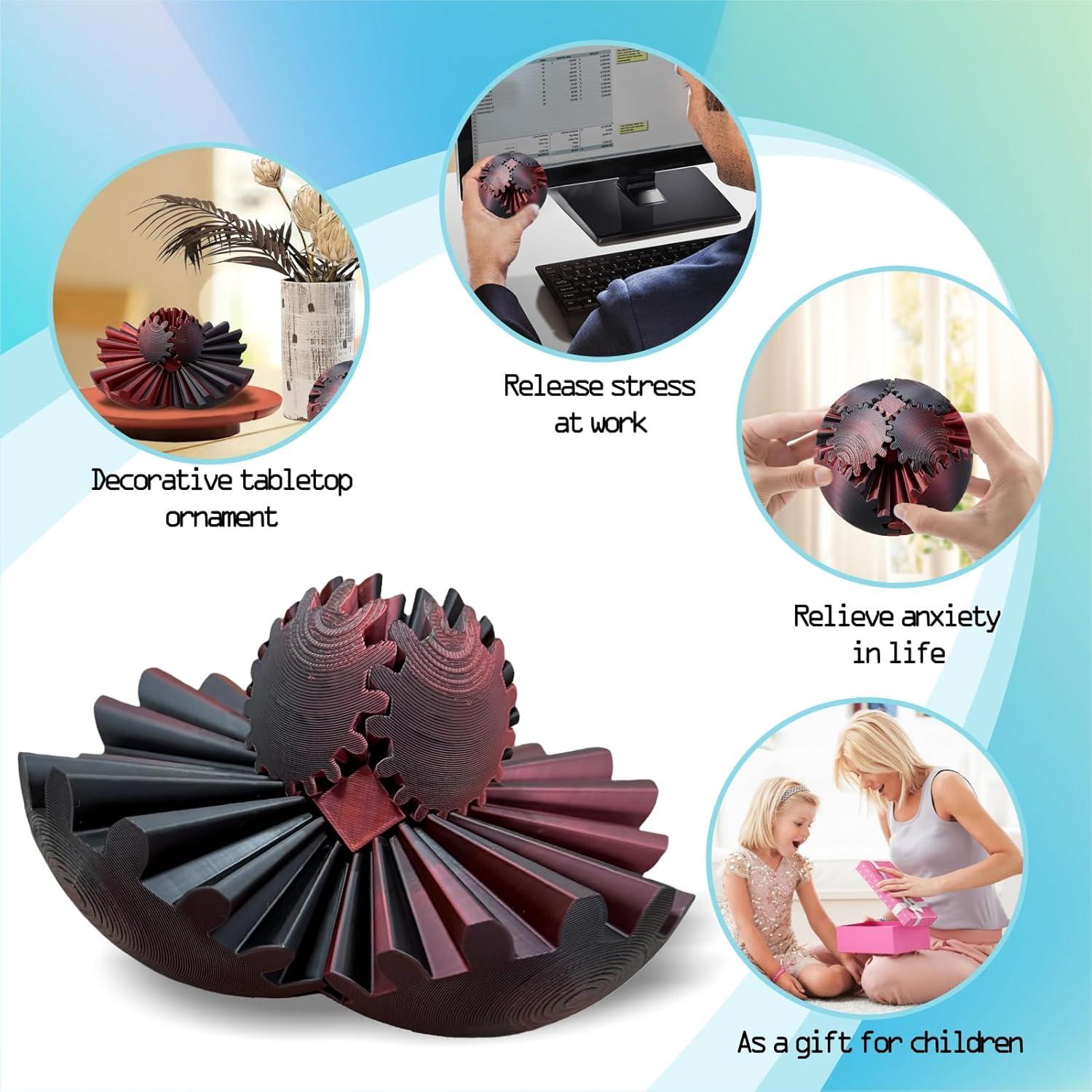 GearSphere Fidget Toy, 3D Printed Gear Ball Spin Ball Cube Desk Toy, Gear Sphere Cube Puzzle for Adults Kids, Sensory Fidget Toys Stress and Anxiety Relaxing (Black-red)