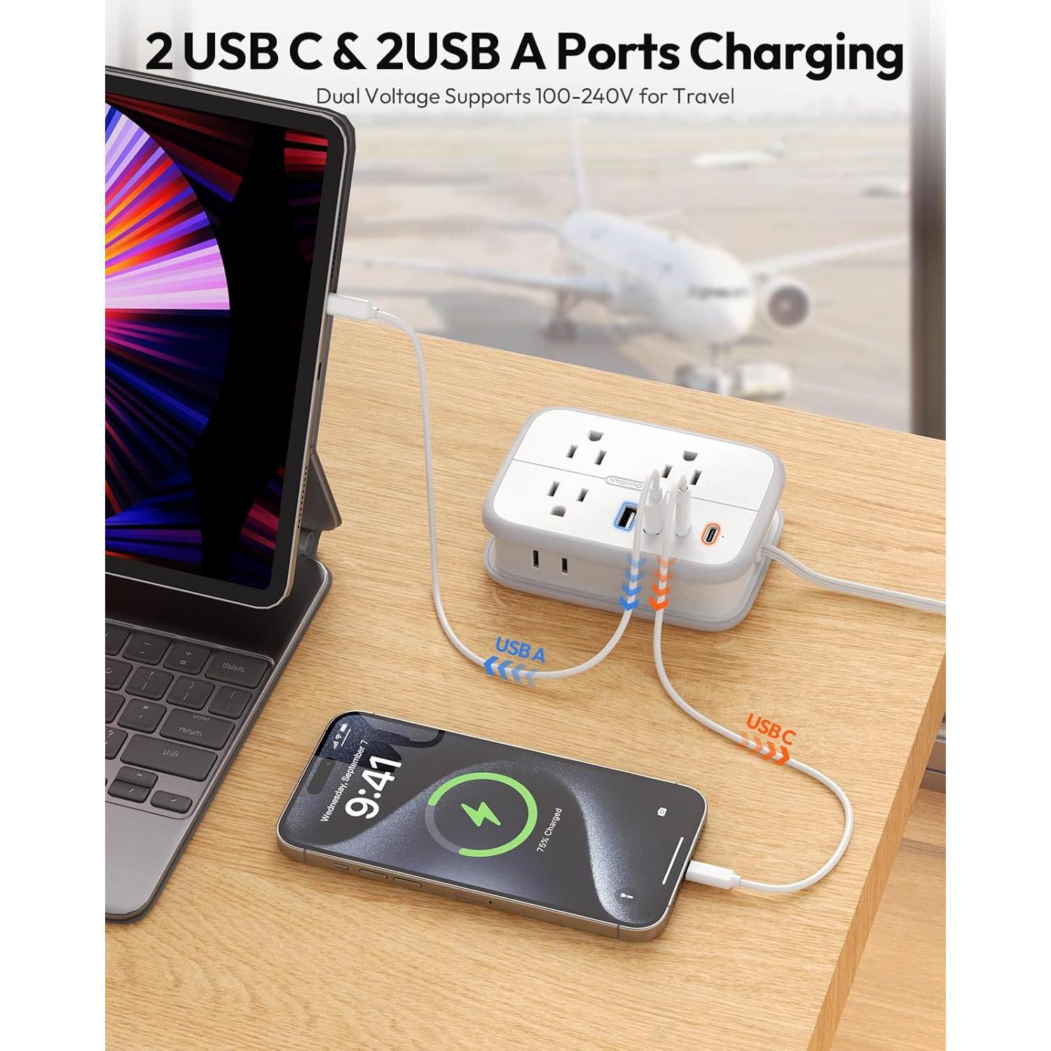 Regleta de Viaje NTONPOWER 6 Salidas 4 USB Carga Rápida