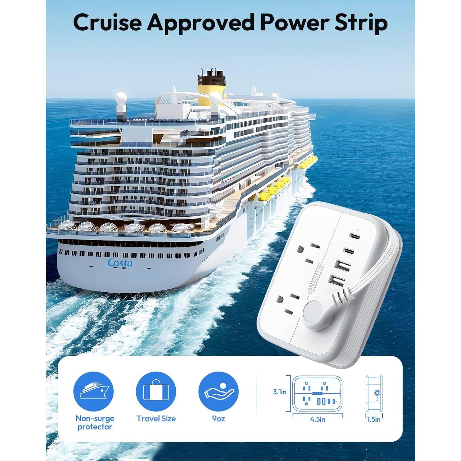 Regleta de Viaje NTONPOWER 6 Salidas 4 USB Carga Rápida