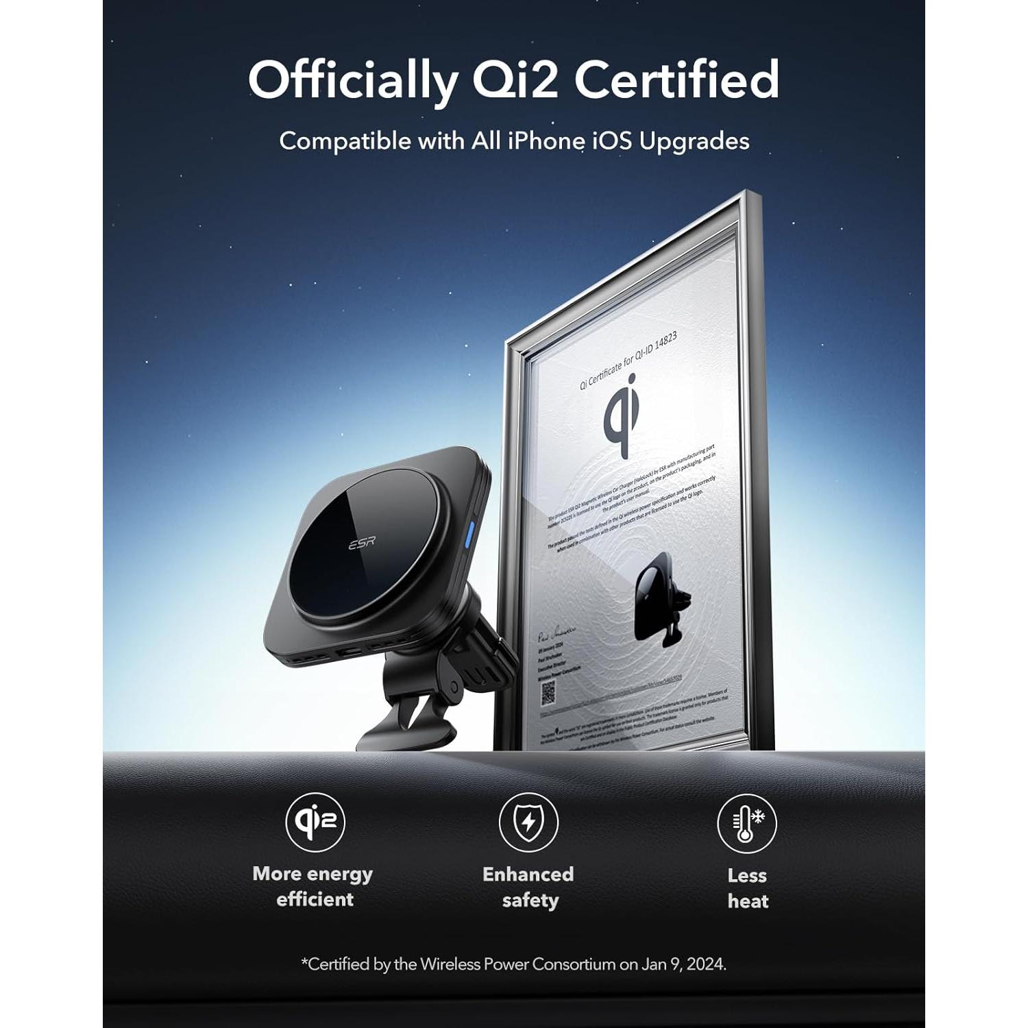 Cargador Inalámbrico Magnético para Coche ESR Qi2 15W Negro