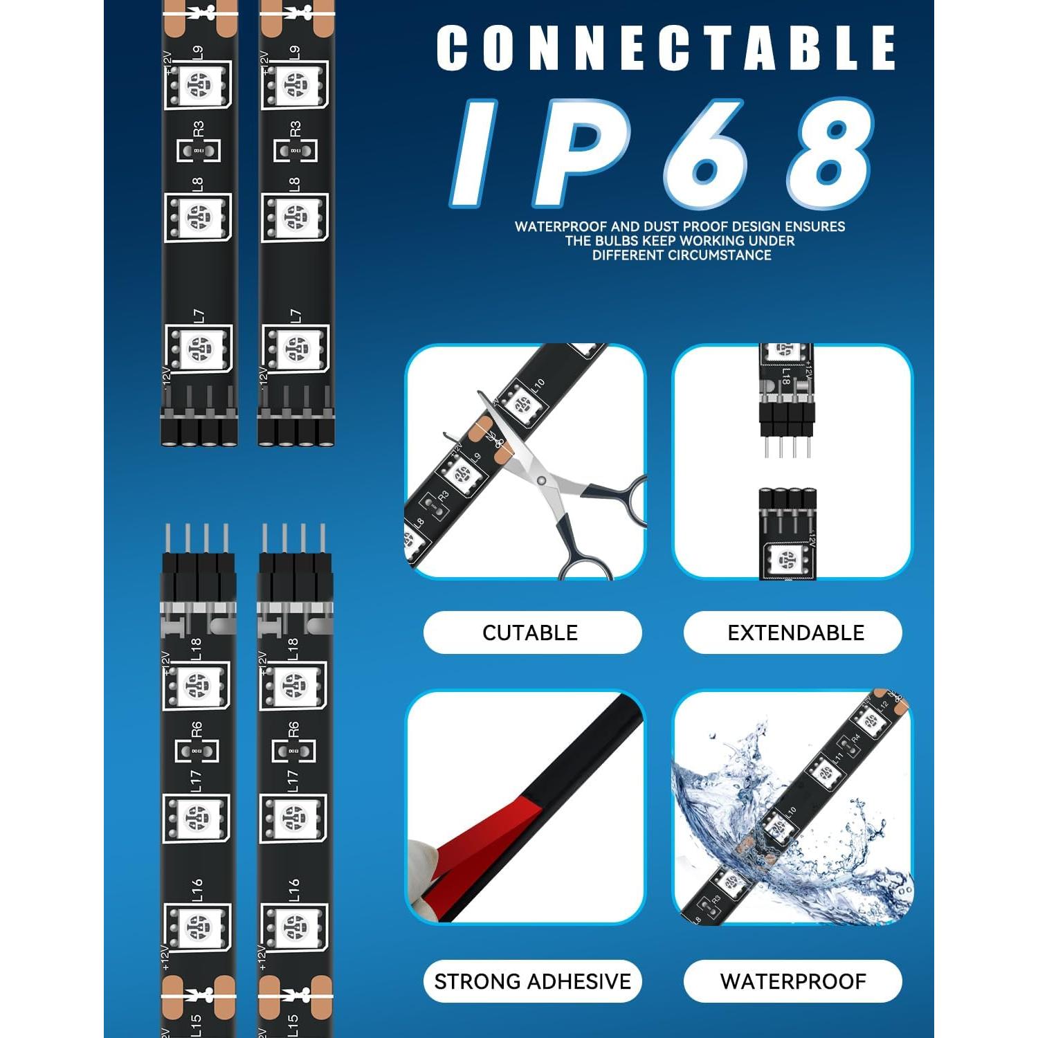 Keiurot Car Led Strip Lights 24" Connectable Blue Led Light Strip for Cars Boat Marine Golf Cart Trucks Waterproof 12V Led Light Strip, 4Pack