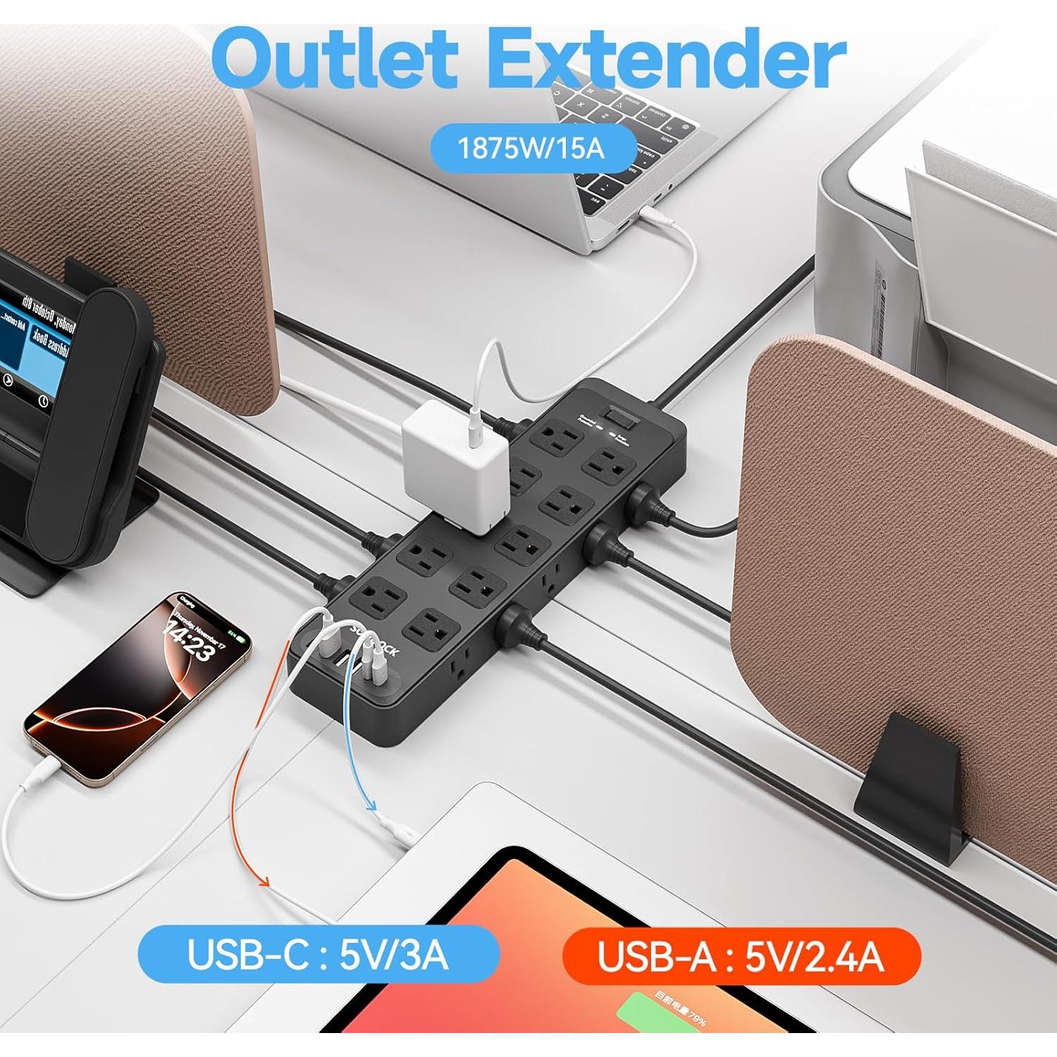Regleta de Enchufes TuoJia 20 Salidas CA 6 USB 1.83m Negro
