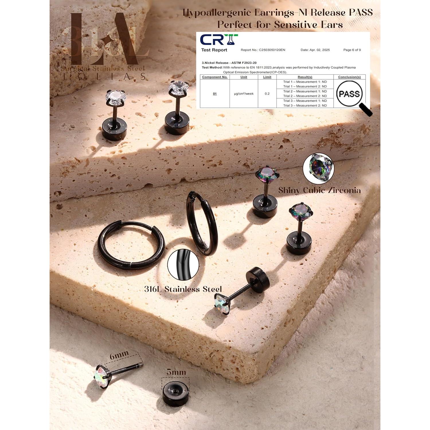 Pendientes Hipoalergénicos LOLIAS Acero Quirúrgico 20G Negros