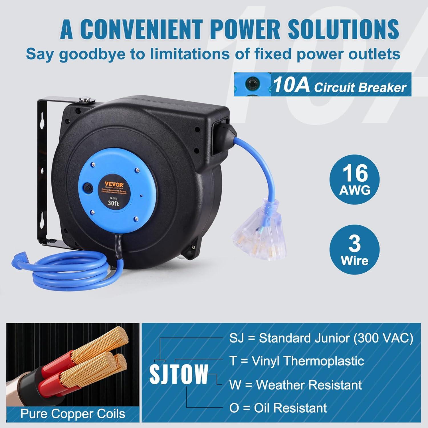 Carrete de Cable de Extensión Retráctil VEVOR 30 pies 16AWG