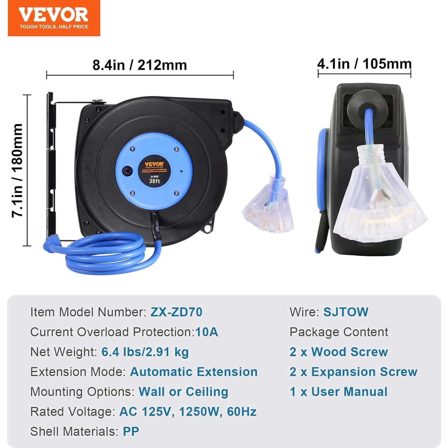 Carrete de Cable de Extensión Retráctil VEVOR 30 pies 16AWG