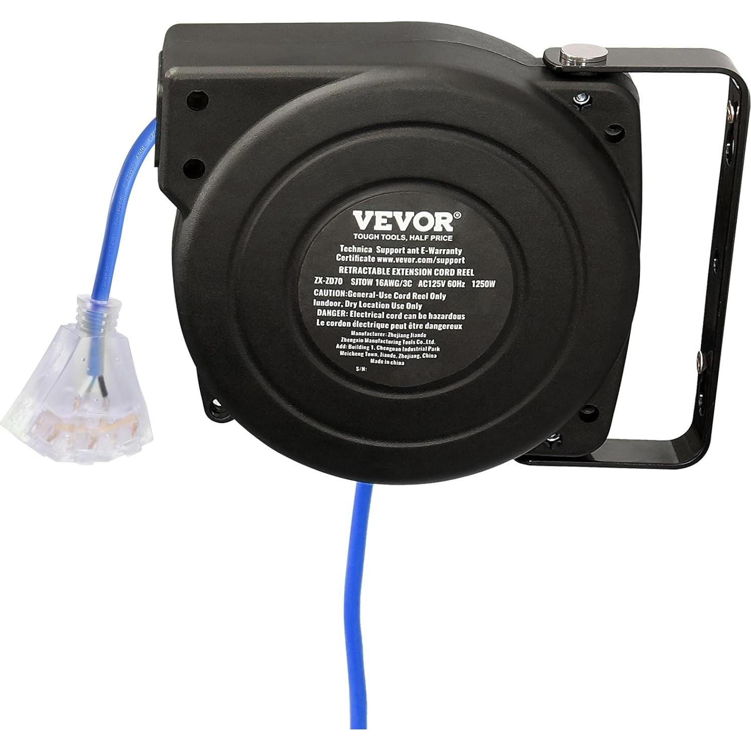 Carrete de Cable de Extensión Retráctil VEVOR 30 pies 16AWG