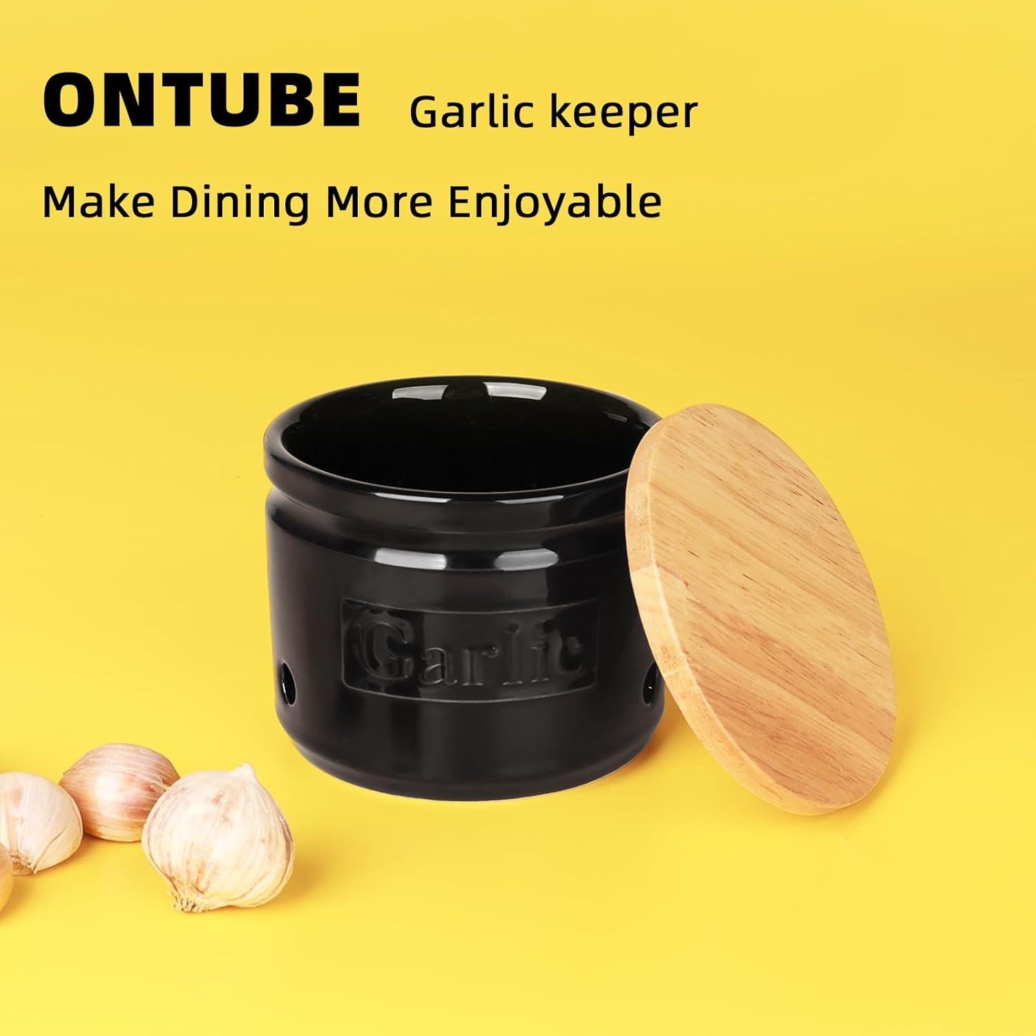 Conservador de Ajo ONTUBE Cerámica con Tapa de Madera 10.16 cm