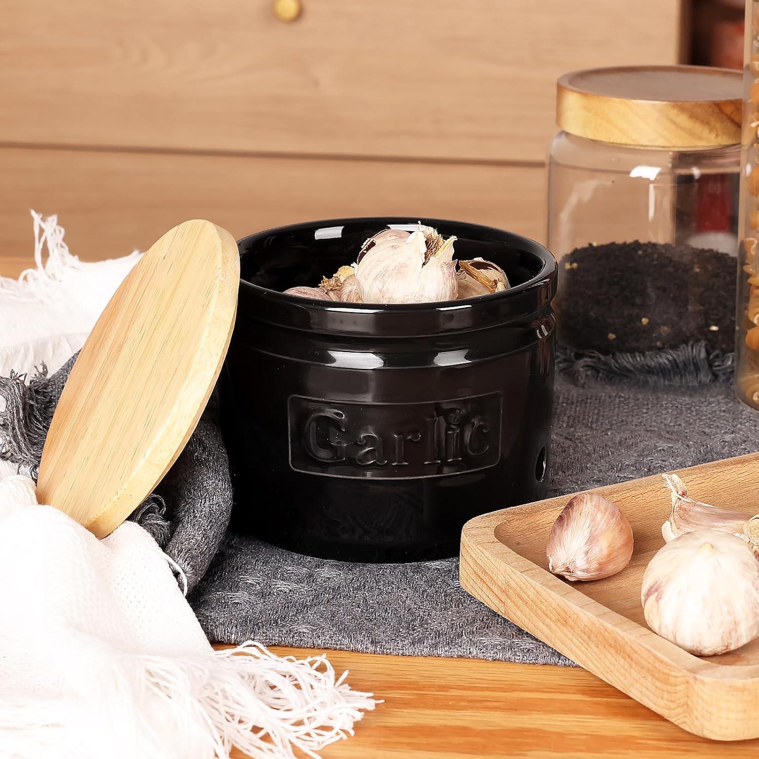 Conservador de Ajo ONTUBE Cerámica con Tapa de Madera 10.16 cm