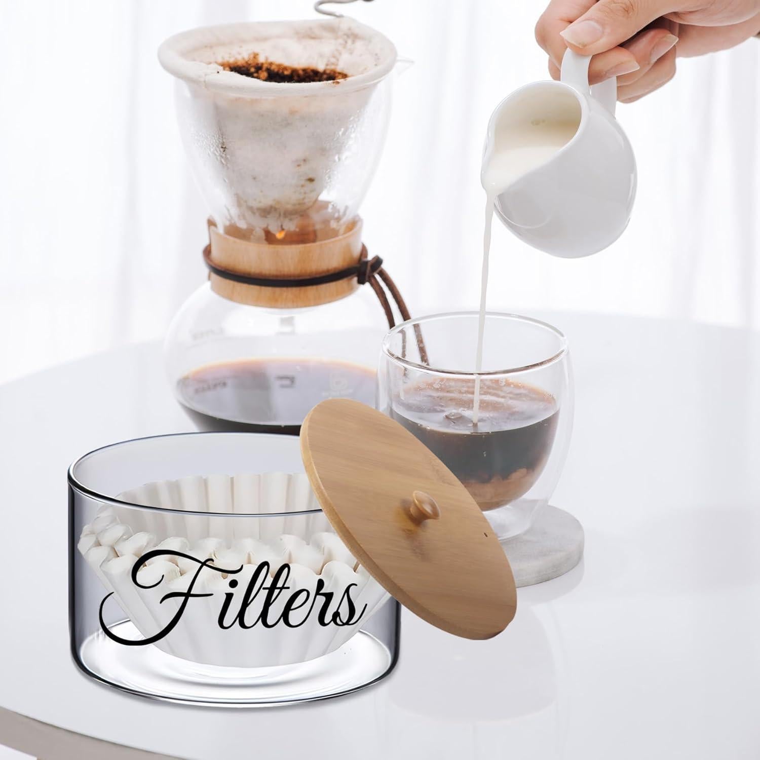 Soporte para Filtros de Café Klmnop de Vidrio con Tapa de Bambú