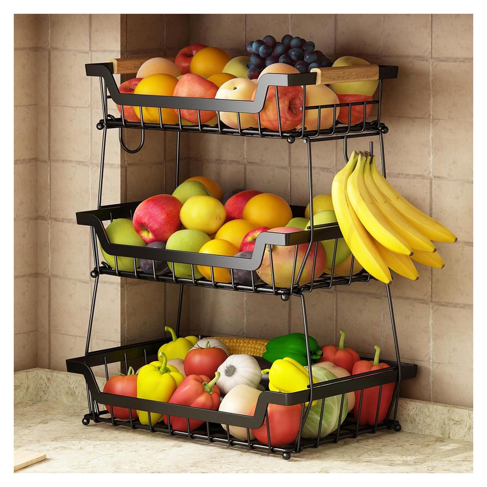 Cesta de Frutas 3 Niveles GILLAS con Soportes para Plátanos