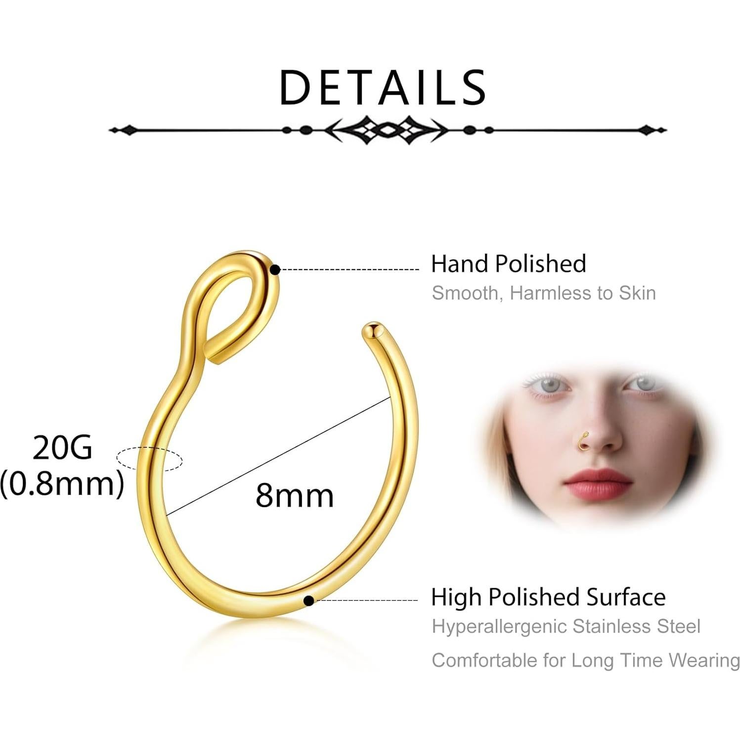 Anillos Falsos de Piercing D.Bella 20G Oro 8mm - 6 Piezas