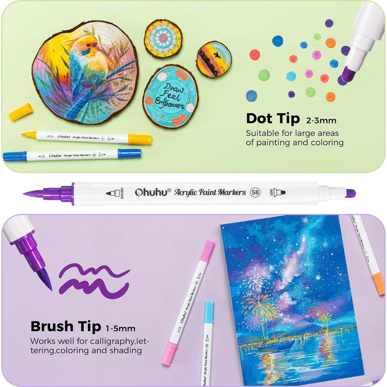 Marcadores Acrílicos Ohuhu 36 Colores Punta Doble Pincel y Punto