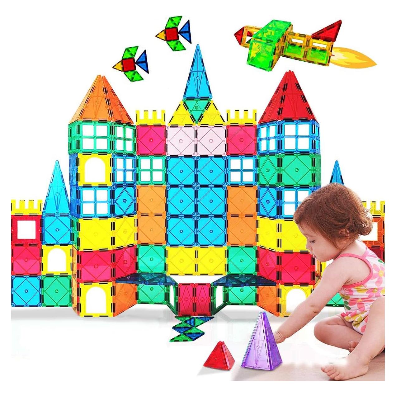 Magnetic Tiles Building Blocks 100PCS Magnets Building Set Magnetic Blocks Montessori Toy Construction STEM Stacking Toys 3D Toy Gift for Kids 3+ Years Old Boys and Girls preschool Kindergarden