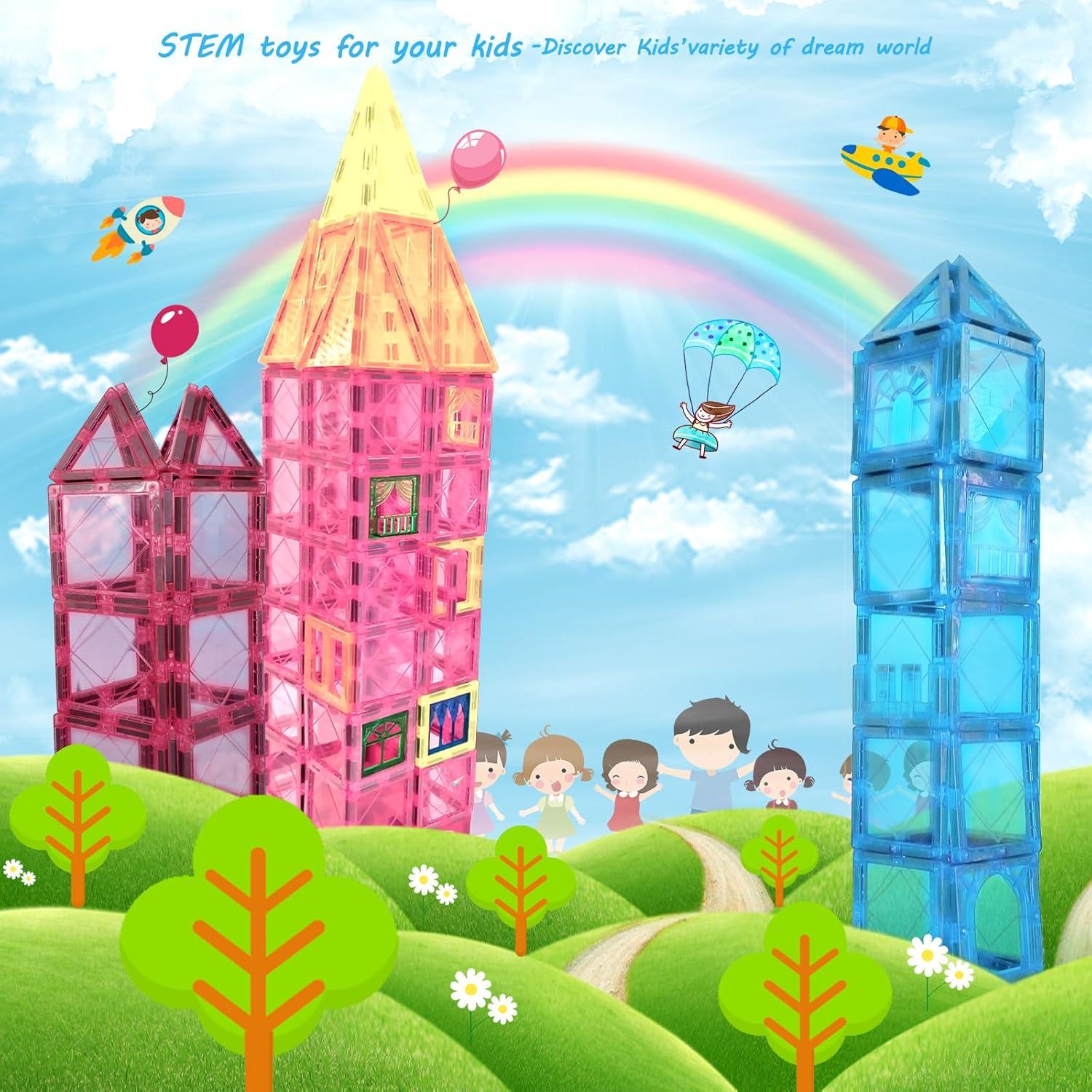 Magnetic Tiles Building Blocks 100PCS Magnets Building Set Magnetic Blocks Montessori Toy Construction STEM Stacking Toys 3D Toy Gift for Kids 3+ Years Old Boys and Girls preschool Kindergarden