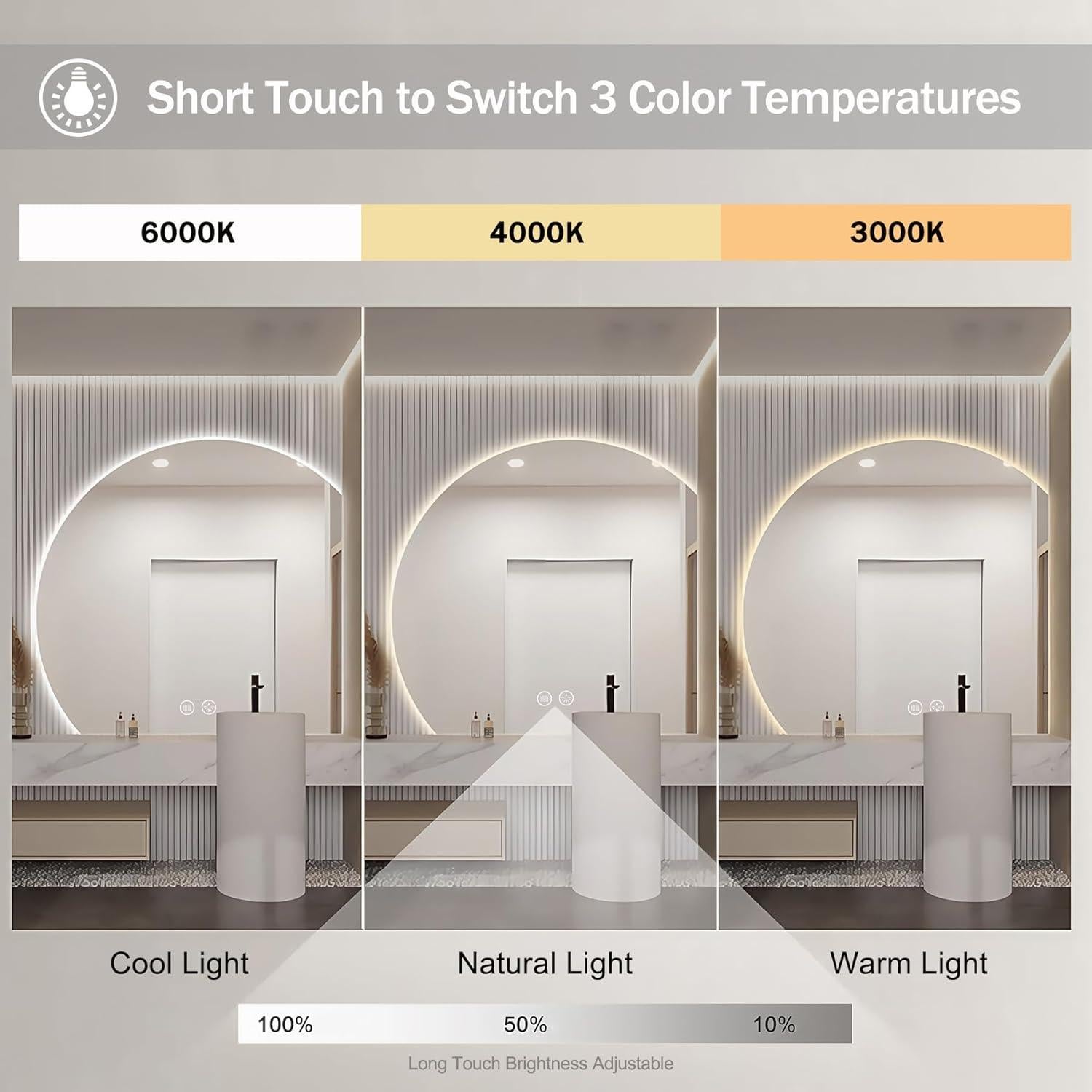 Espejo LED IYTBILQ 81.28 cm Redondo con Anti-vaho y 3 Colores