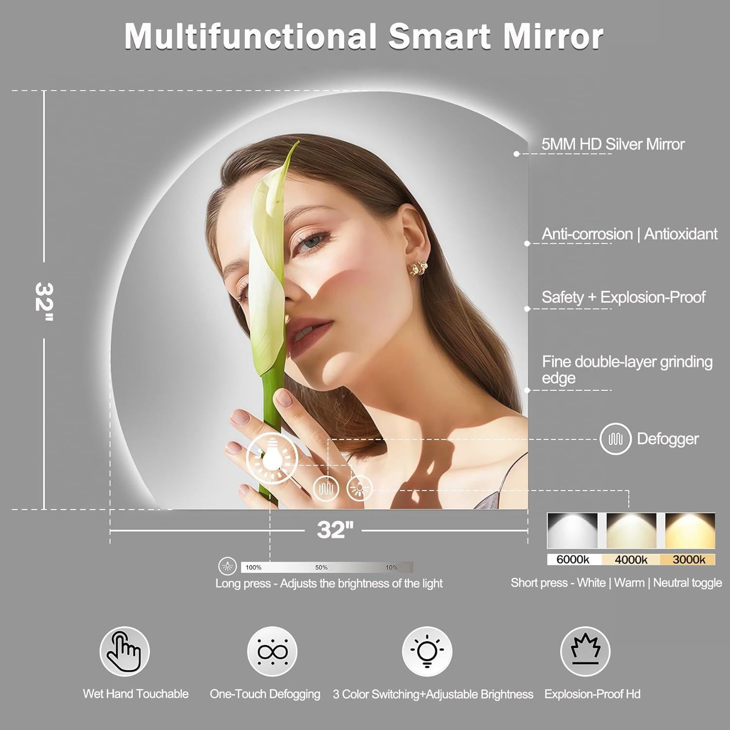 Espejo LED IYTBILQ 81.28 cm Redondo con Anti-vaho y 3 Colores