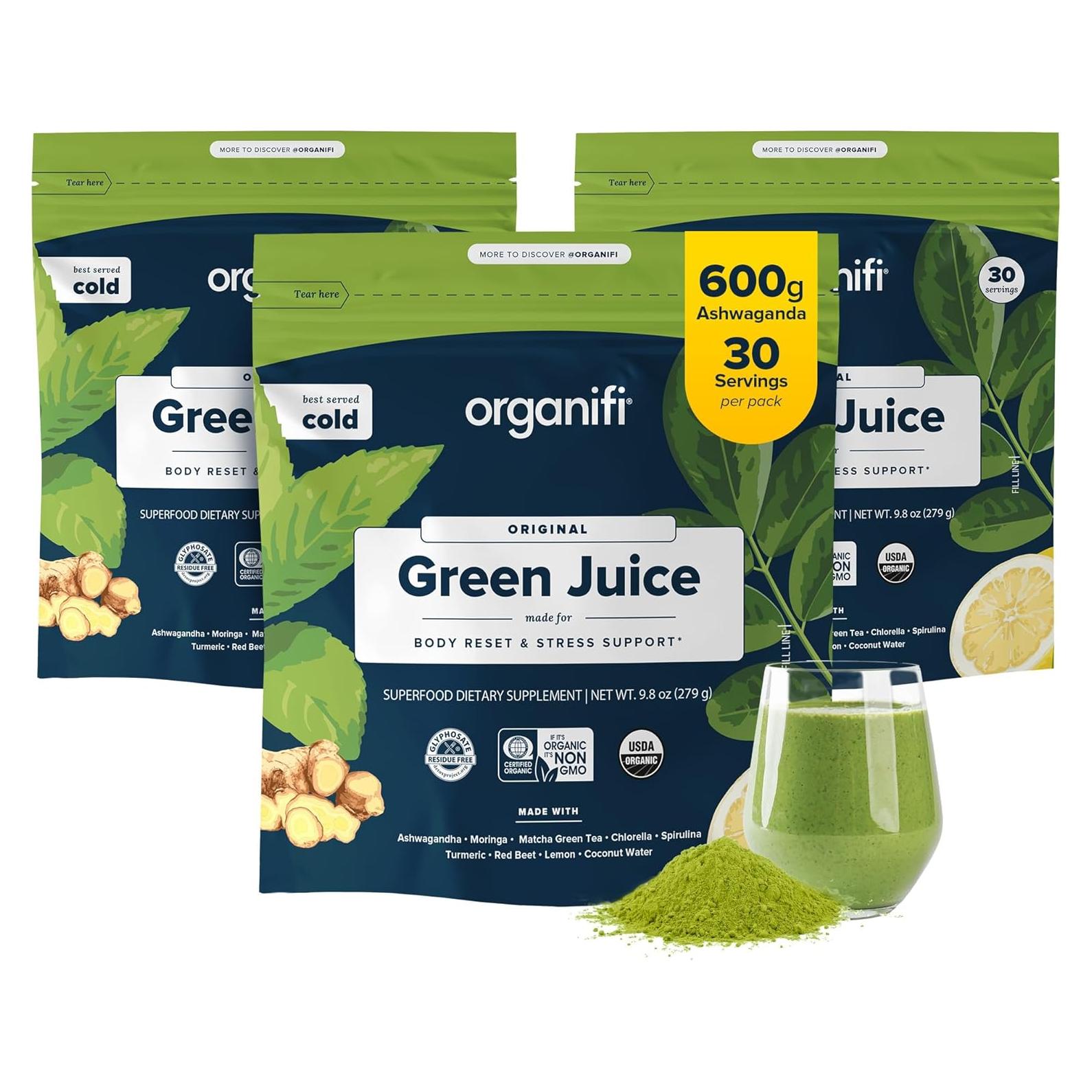 Organifi Jugo Verde - Polvo Orgánico 30 Porciones - Control de Estrés