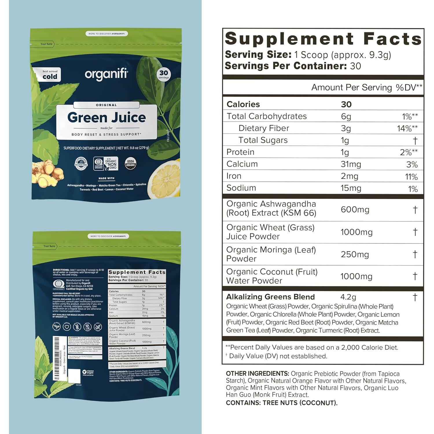 Organifi Jugo Verde - Polvo Orgánico 30 Porciones - Control de Estrés