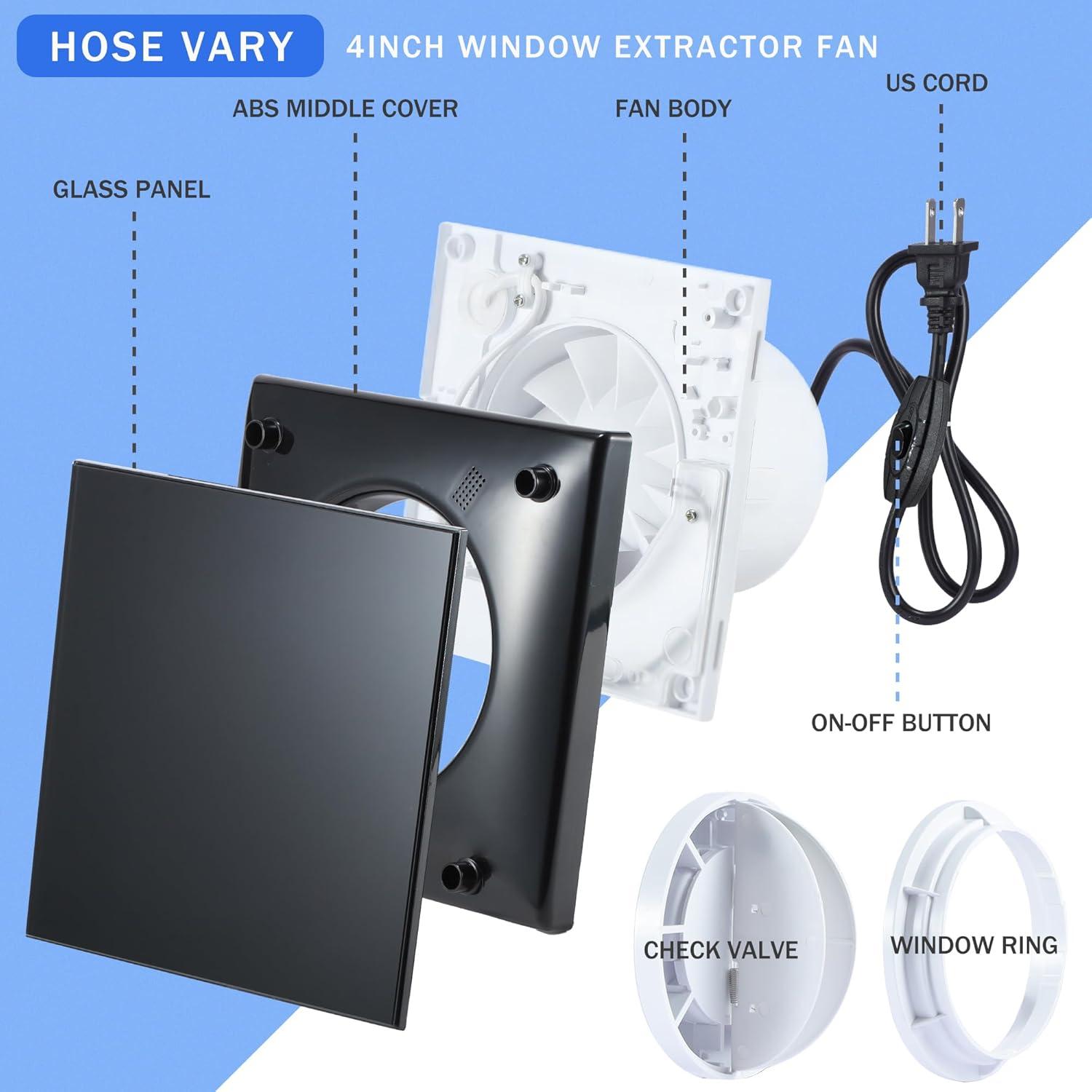 Ventilador de Ventana Hose Vary 4" con Panel de Vidrio Negro