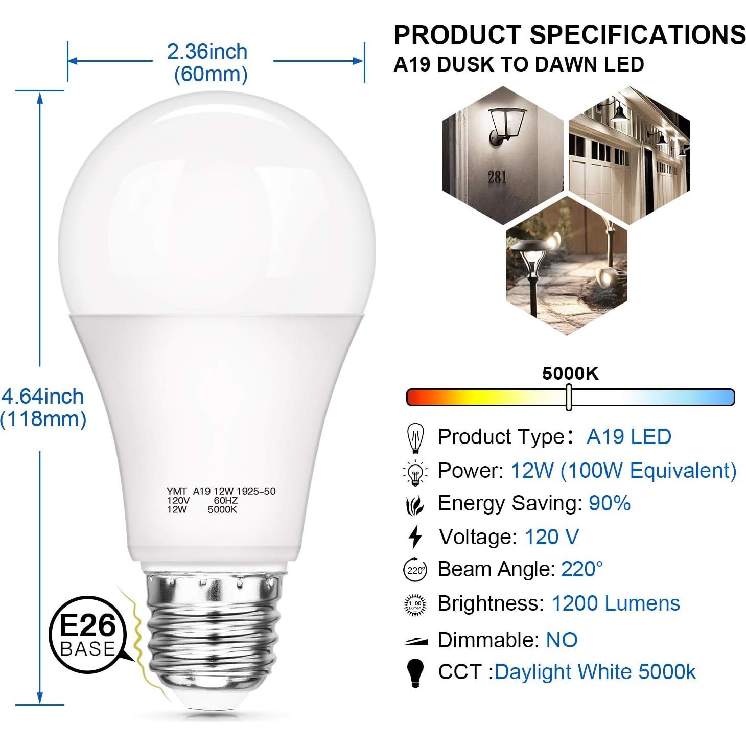 Bombillas LED Dusk to Dawn SHINE HAI A19 12W 1200LM 5000K